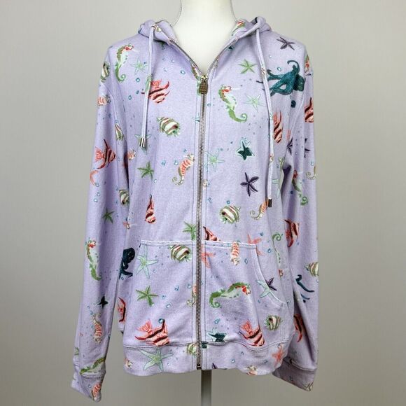 Hill House Allie Zip Up Hoodie Sweatshirt Sea Creatures Terry Purple Small NWT - Picture 2 of 10